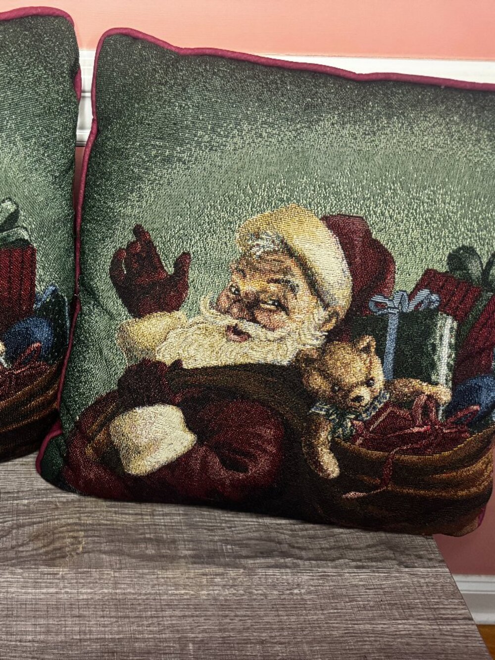 Vintage Christmas Woven Tapestry Old World Santa Pillows - Set of 2